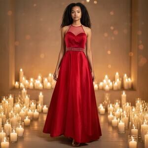 Sherri Hill Formal Gown Ball Gown Red with beaded waistband Size 4